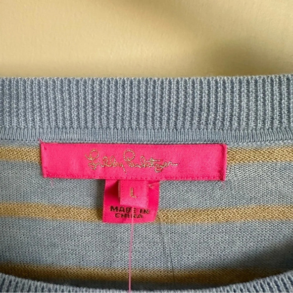 NWT Lilly Pulitzer Large Blue Gold Metallic Cobo Sweater Coastal Shell Stripe - Picture 5 of 8